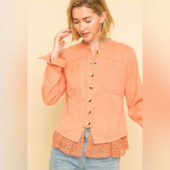 Mystree coral linen bland peplum lace hem button front folded split cuff jacket - Picture 1 of 14